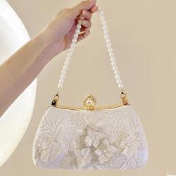 Fashionable Silk fabric pearl chain handle sling bag handbag ladies purse white embroidery flower clutch bag women evening bags