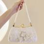 Fashionable Silk fabric pearl chain handle sling bag handbag ladies purse white embroidery flower clutch bag women evening bags
