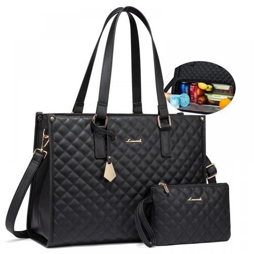 LOVEVOOK Quilted Large Capacity 15.6 Inch Work Business Laptop Bag with Insulated Lunch Compartment Lunch Tote Bag for Women