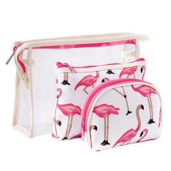 Fashion Cartoon Flamingo Print Waterproof Transparent Cosmetic Bag Travel Portable PVC Wash Storage Bag 3Pcs Set