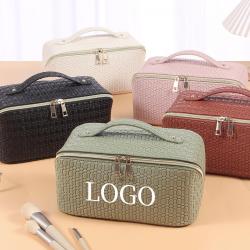 personalized luxury travel makeup bag with pockets portable pu soft leather cosmetic bags with custom logo