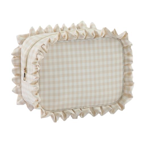 Women Designer Wholesale Custom Logo Weekly Ideas Spring Portable Gingham Cosmetic Pouch Toiletry Bag Ruffle Cosmetic Bag
