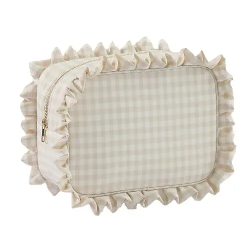 Women Designer Wholesale Custom Logo Weekly Ideas Spring Portable Gingham Cosmetic Pouch Toiletry Bag Ruffle Cosmetic Bag