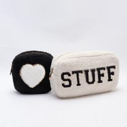 Keymay RTS Personalized Embroidery Chenille Letter Patches Winter Girls Plush Cosmetic Bag Sherpa Makeup Bag Teddy Pouch