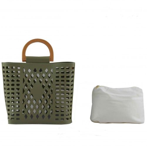 2019 Spring & Summer  PU Leather Women bags Hollow out Beach Lady Bags with Wooden Handle