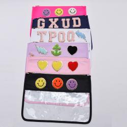 Low MOQ PVC Zipper Pouch With Nylon Strip Chenille Letter Patches Clear Toiletry Pouch Transparent Makeup Cosmetic Bag