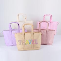 Keymay Hot Sale RTS Personalized Embroidery Chenille Letter Patches Women Waterproof Travel Tote Bag Large Nylon Tote Bag