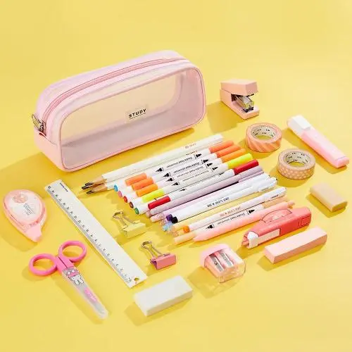 Gelory School Children Student Pen Stationery Organizer Zipper Pencil Case Bag Mesh Pencil Pouch