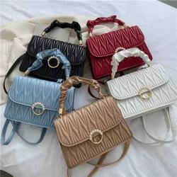 2023 Pleated Women's Bag Texture Pu Diamond Lattice Embroidered Thread Pearl Handbag Solid Color Single Shoulder Messenger Bag