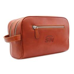 Portable travel cosmetic bag for men custom premium genuine leather makeup bag organizer with double zipper