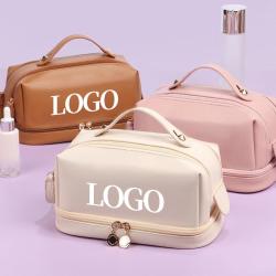 professional oem pu leather large travel toiletry makeup bag double layer opening zipper travel toiletry cosmetic bags