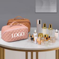 custom print pu leather brown checkered organizer makeup bag make up travel storage cosmetic bags with compartments