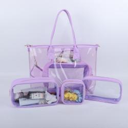 Keymay New Style Custom Logo Pvc Shoulder Shopping Bag Women Travel Beach Bag Purple Clear Tote Bag Transparent Pvc