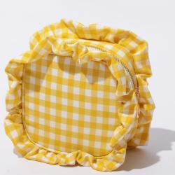 Keymay Wholesale Women Beautiful Makeup Bag Waterproof Wash Bag Storage Pouch Gingham Ruffle Small Nylon Cosmetic Bag