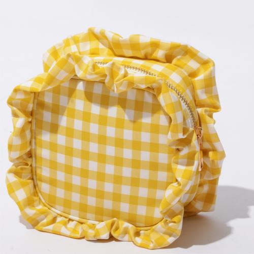 Keymay Wholesale Women Beautiful Makeup Bag Waterproof Wash Bag Storage Pouch Gingham Ruffle Small Nylon Cosmetic Bag