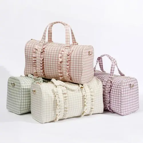 Keymay RTS Stock Cute Multicolor Large Capacity Ruffle Gingham Bag Travel Bag Folding Airplane Bag Ruffle Weekender for Women