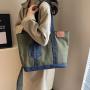 HR721 Women's Tote Bag Contrast Patchwork Canvas Pocket Fashion Underarm Bag Comfortable Shoulder Girl Vacation Shopping Bag