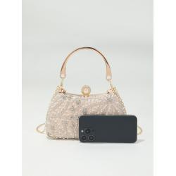 2024 Metal Handle Peal Beaded Women Clutch Evening Bag Pearl Shining Diamond Rectangle Hand Bag Ladies Wedding Handbag Purse
