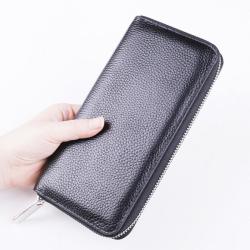 Custom Black Long Zipper Purses for Men Litchi Genuine Leather Wallet Women