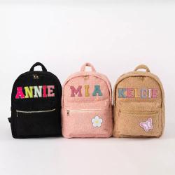 Keymay RTS High Quality Personalized Chenille Varsity Patches Teddy Sherpa School Book Bag Children School Bags Plush Backpack