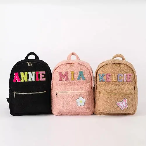 Keymay RTS High Quality Personalized Chenille Varsity Patches Teddy Sherpa School Book Bag Children School Bags Plush Backpack