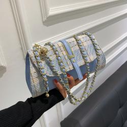 Fashion Mix - Color Ladies Designer Flap Bags PU Leather Woolen Cloth Pattern Cross Body Purse Women Golden Strap Sling Bag