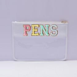Keymay Custom Embroidery Glitter Chenille Letter Patches Transparent Pvc Clear Pouch Big Capacity Clear Pencil Case for Girl