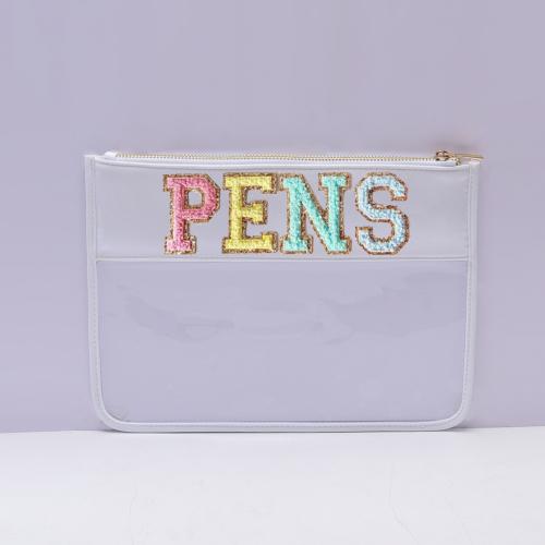 Keymay Custom Embroidery Glitter Chenille Letter Patches Transparent Pvc Clear Pouch Big Capacity Clear Pencil Case for Girl