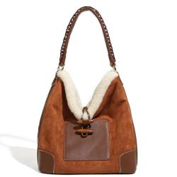 2024 autumn and winter new lamb wool stitching versatile Tote Bag armpit tide popular wool bag