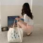 Large Capacity Summer White Student Canvas Handbags Embroidery Pattern Logo Canvas Shoulder Bag