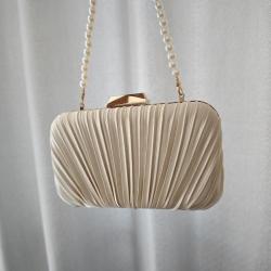 New Arrival Pearl Chain Satin Wrinkle Clutch Bag Handbag Party Bride Wedding Purse Apricot Pleated Evening Bags For Women evening bag 2024