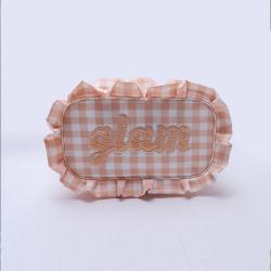 Keymay Custom embroidered letters Girls Cute Organizer Zipper Pouch Gingham Pouch Check Cosmetic Bag Ruffle Makeup Bag