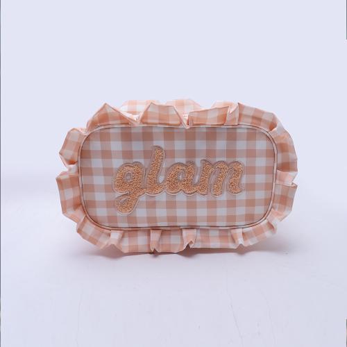 Keymay Custom embroidered letters Girls Cute Organizer Zipper Pouch Gingham Pouch Check Cosmetic Bag Ruffle Makeup Bag