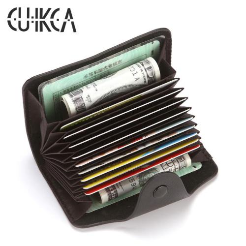 CUIKCA HF043 New Lychee Pattern PU Leather Unisex Organ Type Card Holders Buckle Wallet Purse Business ID Bank Card Cases