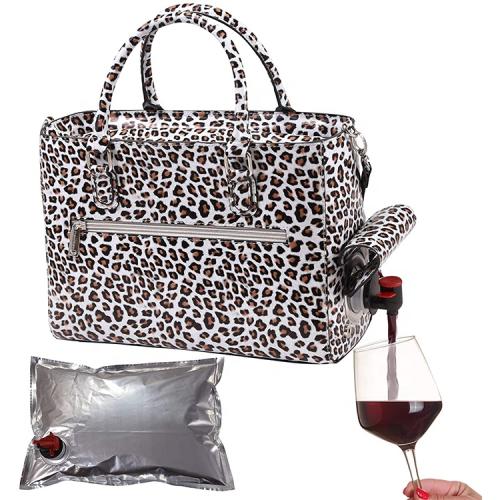 Insulated Cooler Wine Bag Leopard Grain PU Leather Wine Cheest Tote Bag Women For Party Travel