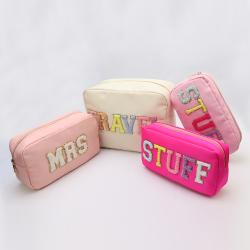Waterproof Durable Nylon Pouch Small Large Size Toiletry Bag Embroidered Chenille Travel Makeup Bags Custom Label Cosmetic Bags