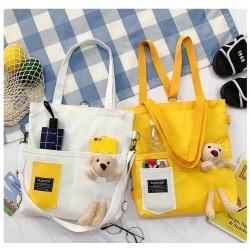 Fashion New Woman Canvas Bag Customs Backpack Large Capacity Cute Bear Doll Bag for Student One Shoulder Diagonal Shoulder Bag