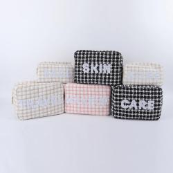 Keymay RTS Stock Multi-color Embroidery Personalized Pearl Letter Patches Women's Makeup Bag Tweed Cosmetic Pouch Tweed Bag