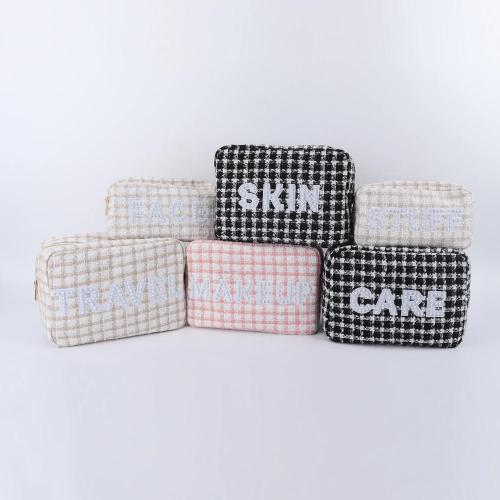 Keymay RTS Stock Multi-color Embroidery Personalized Pearl Letter Patches Women's Makeup Bag Tweed Cosmetic Pouch Tweed Bag