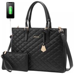 LOVEVOOK Wholesale 2PCS Laptop Briefcase Quilted PU Leather Shoulder Pueses and Handbags Large 15.6inch Women Laptop Tote Bags