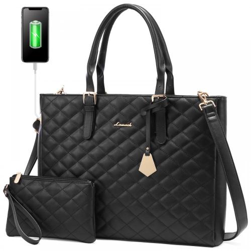 LOVEVOOK Wholesale 2PCS Laptop Briefcase Quilted PU Leather Shoulder Pueses and Handbags Large 15.6inch Women Laptop Tote Bags
