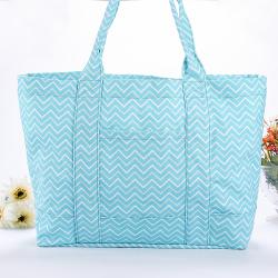 Stock Super Large Tote Shoulder Bag for Gym Beach Travel Daily Turquoise Chevron Pattern Wholesale Cotton Canvas Bag Shopping