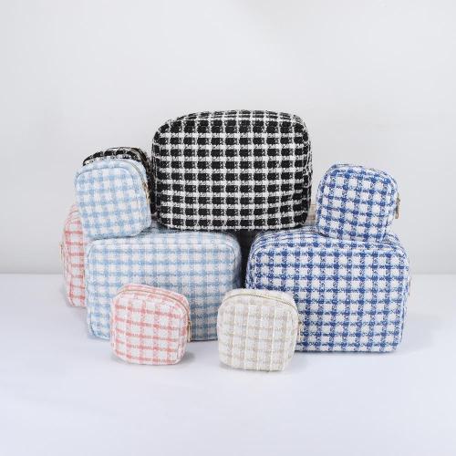 Trending Make Up Grocery Organizer Tweed Fabric Checked Cosmetic Zipper Bags Durable Plaid Travel Makeup Purse Cosmetic Bag