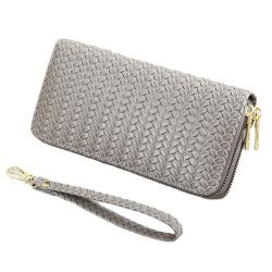 ZR573 Women's Wallet Long Handbag PU Double-layer Zipper Coins Wallet Purse Girl Stylish Weave Mobile Phone Bag Card Holder