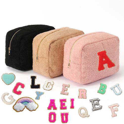 Stock Varsity Letter Teddy Cloth Cosmetic Bag Winter Travel Pouch With Zipper Women's Sherpa Makeup Bag