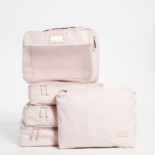 Custom Rip Stop Polyester Luggage Fold Suitcase Light Pink Storage Bag Organizers with Shoe Bag 5 Pieces Packing Cube Set