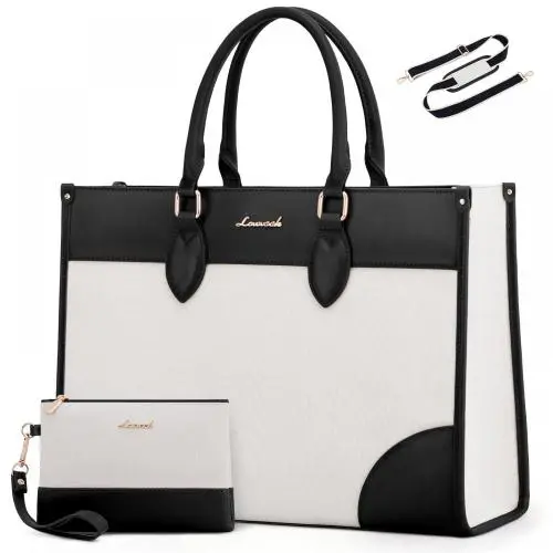 LOVEVOOK 15.6 In Canvas PU Leather Work Bag 2pc/set Waterproof Briefcase Laptop Office Work Tote Shoulder Handbag Bag for Women