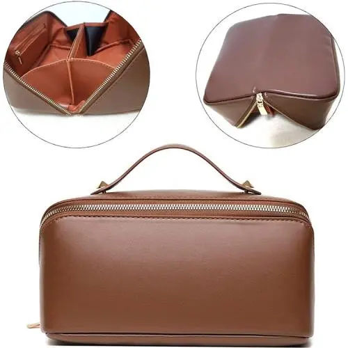 Stylish PU Women's Cosmetic Toiletry Case with Multiple Pockets and Removable Brush Holder for Beauty Products