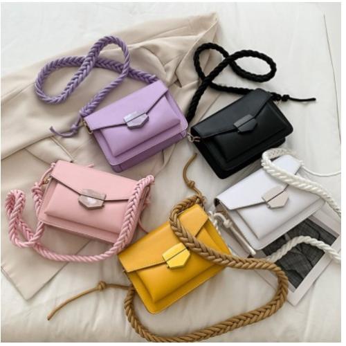 2024 Summer Girl's Bag New Korean Fashion Single Shoulder Bag With Braided Belt Colorful Square Cover Messenger Ladies Bag