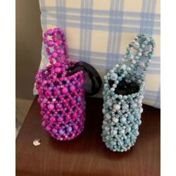 2024 Fashion Mini Acrylic Beaded Woven Handbag Contrast Color Design One Shoulder Crossbody Braided Bucket Bag Women